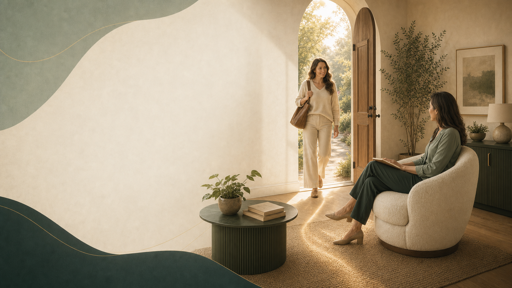 Prospective client entering through an open doorway toward a seated therapist in a warm therapy office