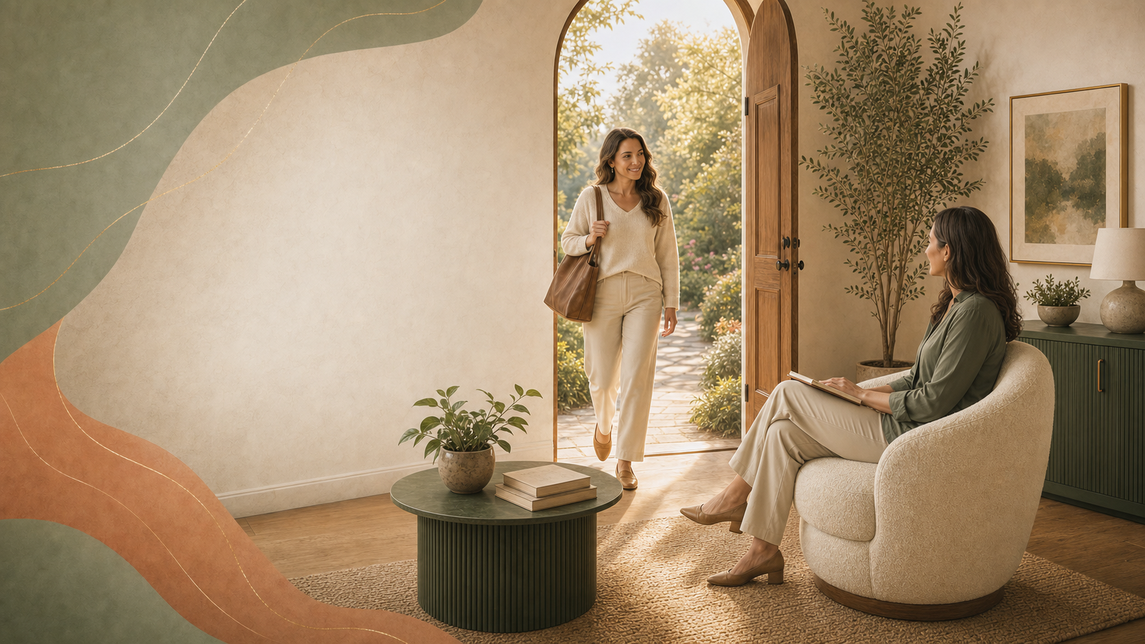 Two women in a warm therapy office as a prospective client enters through a centered doorway toward a seated therapist